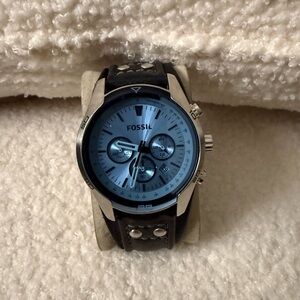 Fossil Blue Dial Black Leather Watch
